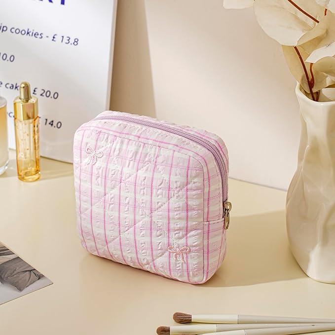 Small Quilted Striped Cosmetic Pouch for Purse, Mini Cotton Makeup Bag with Compartments, Cute Zipper Lipstick Holder for Women (23 Pink Stripes)