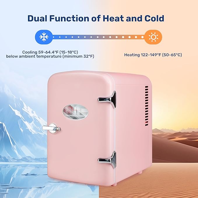 Simple Deluxe 4L/6 Can Portable Mini Fridge with Observation Window, Compact Cooler & Warmer Freon-Free Small Refrigerator, for Skincare, Beverage, Food, Cosmetics, Pink