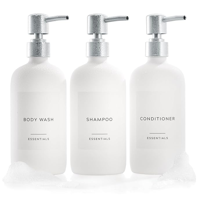 Stylish Shampoo and Conditioner Dispenser Set of 3 - Modern 21oz Shower Soap Bottles with Pump and Labels - Easy to Refill Body Wash Dispensers for an Instant Bathroom Decor Upgrade - White
