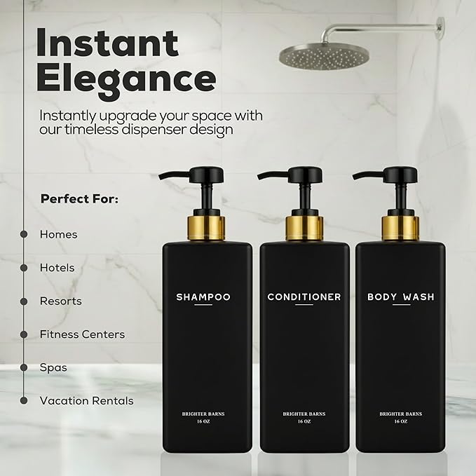 Black Shampoo and Conditioner Dispenser Set by Brighter Barns - Body Wash and Shower Soap Dispenser - Refillable Shampoo and Conditioner Bottles for Gold Bathroom Decor, Guest Bathroom, Airbnb (Black)