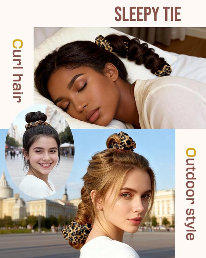 BONNET QUEEN Multi-function Satin Heatless Hair Curler & Hair Tie Non-Heating Hair Roller Curling Rod with Scrunchie, Large, Leopard(For Big Curls)