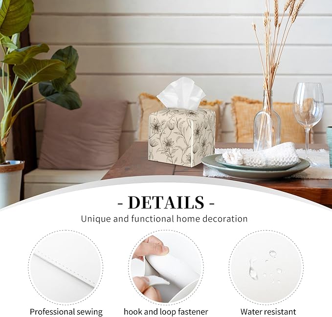 Boho Minimalist Flowers Tissue Box Cover Square, Abstract Line Floral Tissue Box Holder Waterproof Leather Facial Paper Organizer Dispenser for Bathroom Home Car Nightstand Vanity Desk