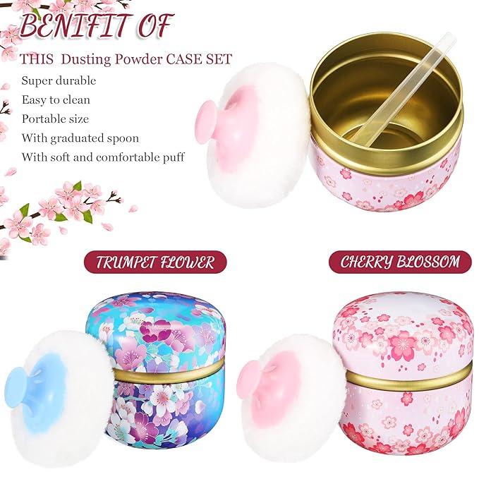 Chengu 2 Sets Body Powder Puff and Container, 2 Soft Puffs 2 Spoon and 2 Dusting Loose Powder Container for Baby Women Home and Travel Use