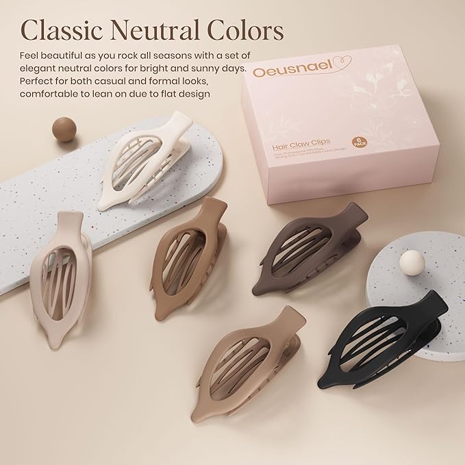 6 PCS Large Flat Hair Clips for Women Girls, French Concord Lay Down Flat Claw Clips for Thick Thin Hair, Comfortable Curved Flat Clip, Matte Non-slip Strong Hold Hair Accessories, Neutral