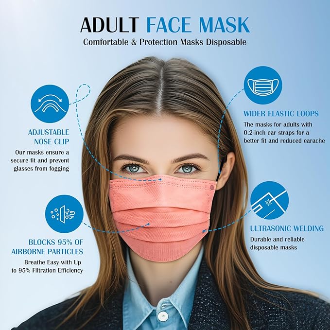 Disposable Face Mask For Adults - Travel Essentials, 100 Pack Individually Wrapped, 4 Ply Protection,Safety Masks Disposable