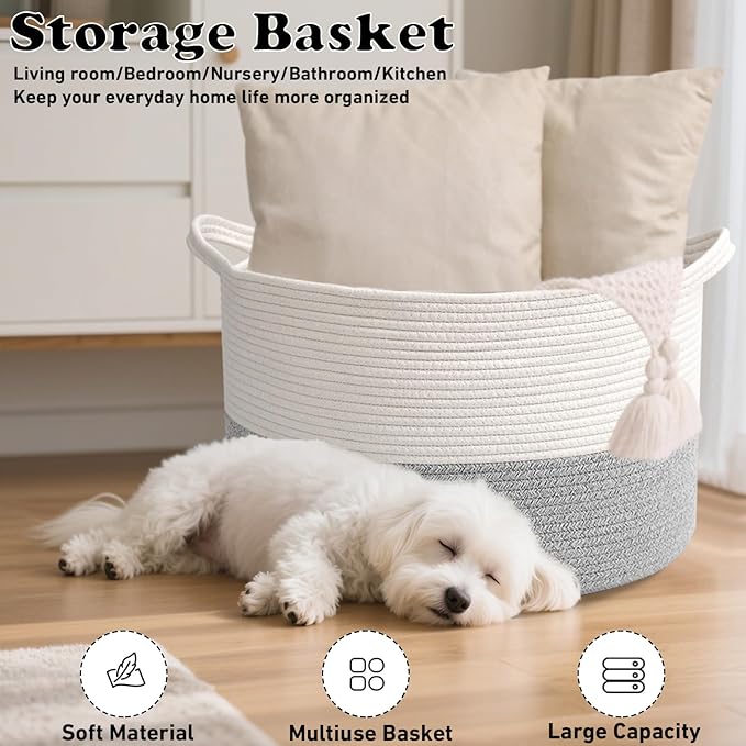 65L Large Blanket Basket,19.7" L x 19.7" W x 13" H Rope Woven Baskets with Handles, Toys Storage Bins,Laundry Basket Perfect for Living Room, Nursery,Bedroom,Home Organization,White&Grey