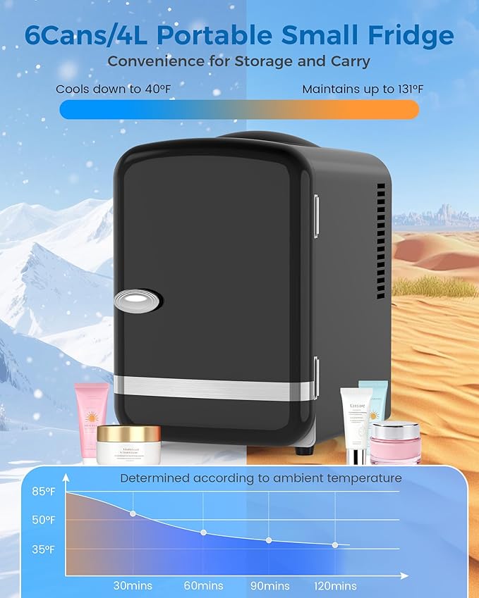 Mini Fridge for Bedroom, 4L/6 Cans Small Cosmetic Fridge for Skincare, Makeup, Medicine & Beverage, Portable Desk Fridge Cooler and Warmer for Kids, Car, Office, Dorm, Black
