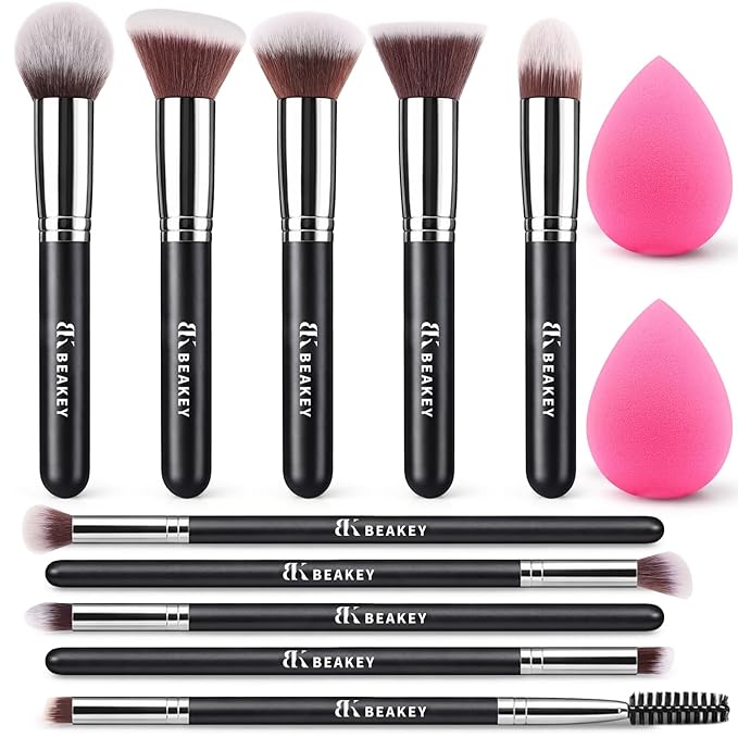 BEAKEY Makeup Brushes Set, Professional Foundation Eyeshadow Concealer Blush Powder Bronzer Applicator, 2 Blender Sponge with Beauty Paper Case