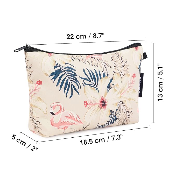 WANDF Cosmetic Bag for Women Makeup bag Organizer Mini Makeup Pouch for Purse Water Resistant Girls Gift (Beige Flamingo)