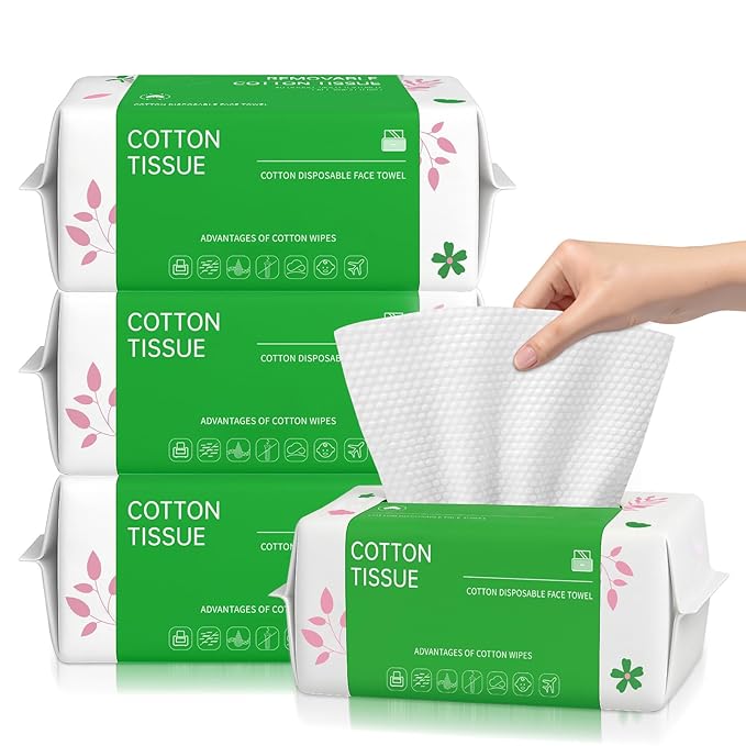 Disposable Face Towels 100 Count, Biodegradable Facial Towels for Sensitive Skin, Ultra Soft & Thick Face Cloth, Lint- free Dry Wipes for Makeup Remover, Skincare and Cleansing (4 Pack)