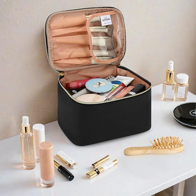 Small Makeup Bag Travel Cosmetic Bag Toiletry Zipper Pouch Make Up Organizer Bag with Handle Purse for Women Soft PU Leather Skincare Case (L02-Black)