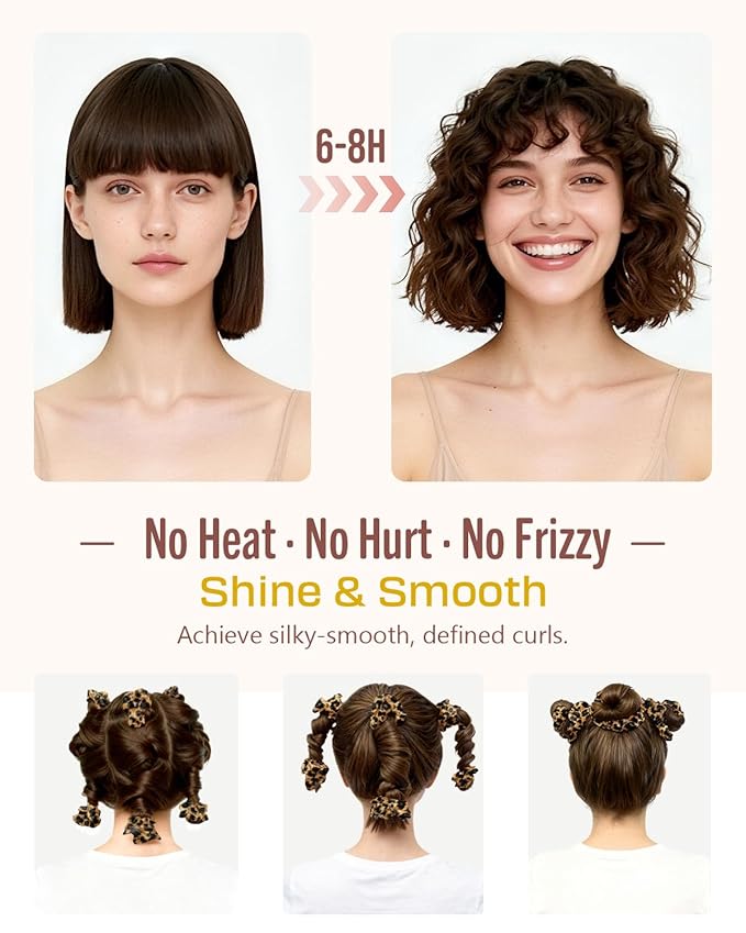 BONNET QUEEN Heatless Hair Curler Set (3Pcs), Heatless Curls Overnight with Satin Hair Rollers for Women, Leopard (For Short Hair)
