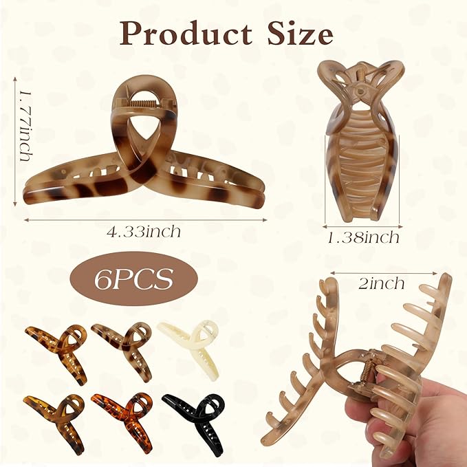 Auseibeely 6 Pcs Medium Tortoise Shell Claw Clip - 4.3 Inch Hair Clips for Women and Girls, Non-slip Hat Claw Clips for Thin/Medium Hair, Banana Jaw Clips Hair Accessories for Gift