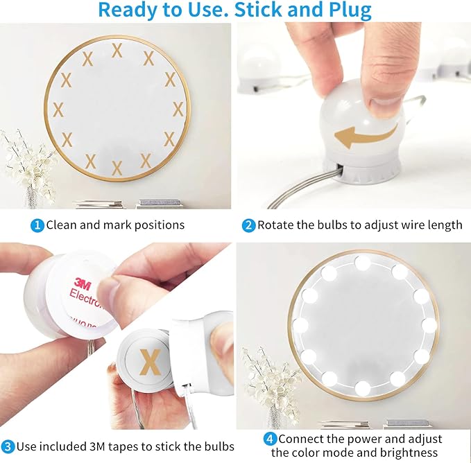 LED Vanity Mirror Lights with 12 Stick On Dimmable Bulbs, 3000K 4500K 6500K & 10 Brightness Levels Adjustable, Plug in USB Cable, Hollywood Style Mirror Lights for Makeup Desk Bathroom Dressing Room