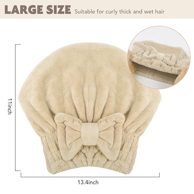 SUNLAND Large Microfiber Hair Drying Caps with Bow Knot Fast Drying Shower Cap Soft and Absorbent hairWrap Hair Turban Bath Caps for Curly Thick and Wet Hair