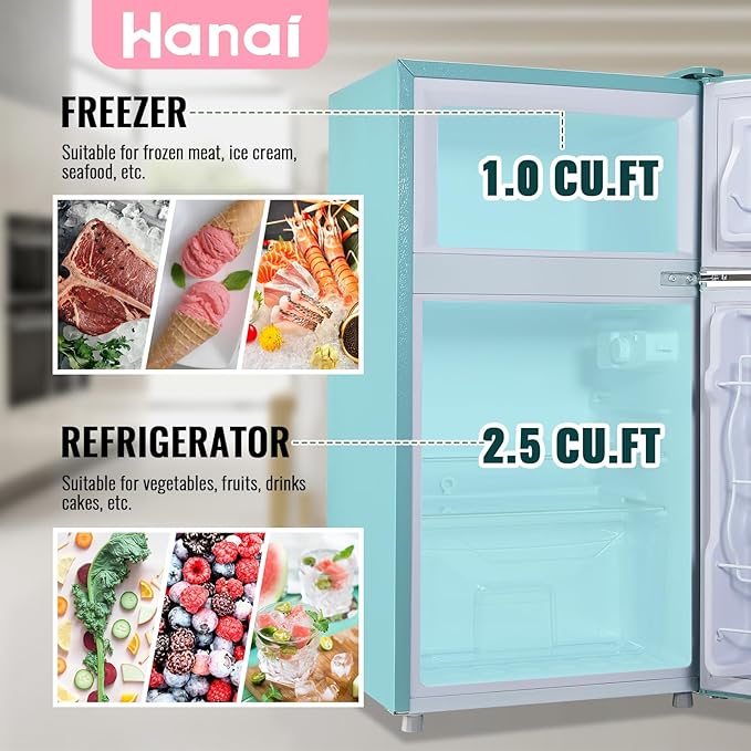 WANAI 3.5 Cu.ft Refrigerators Full-sized Fridge with Freezer Handles Blue Fridge Dual Door Classic Retro Refrigerator Removable Glass Shelves Adjustable Thermostat for Home Office Dorm RV