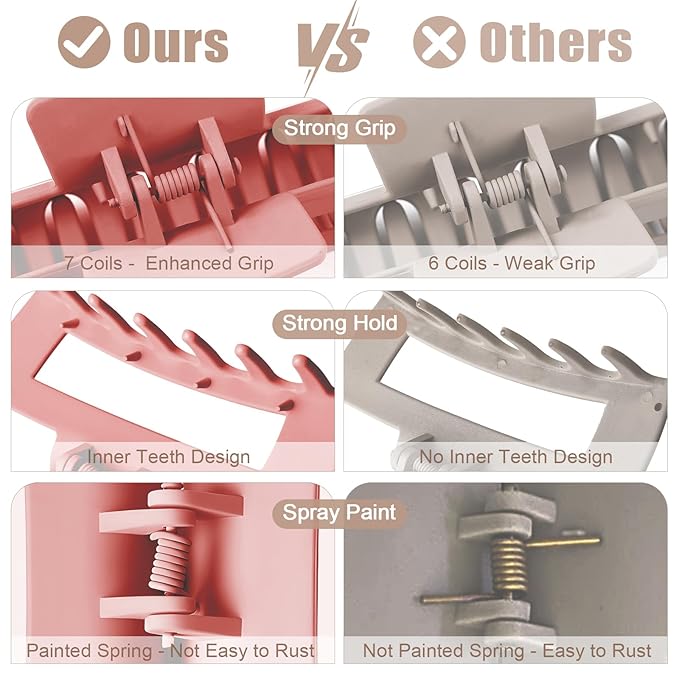 TOCESS Hair Claw Clips for Women - 8PK Large Neutral Matte Square Jumbo Hair Clips for Thick, Thin, Long, Short, Curly Hair Girls, Big Jaw Clip Set for Daily Use (Deep Pink)