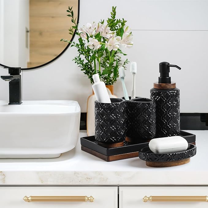 Elegant Bathroom Accessories Set 6 PCS Ceramic and Wood Bathroom Accessory Set Soap Dispenser Toothbrush Holder Tumbler Soap Dish Tray Trash Can Easy to Clean Quatrefoil Pattern Black