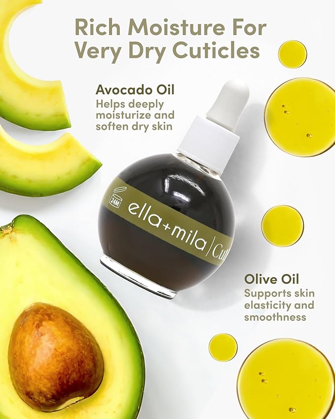 ella+mila Nail Cuticle Oil with Olive & Avocado - Deep Moisture Cuticle Oil for Nails - Intense Hydration for Dry Cuticles - Vegan Nail Care Products - 2.3 fl oz