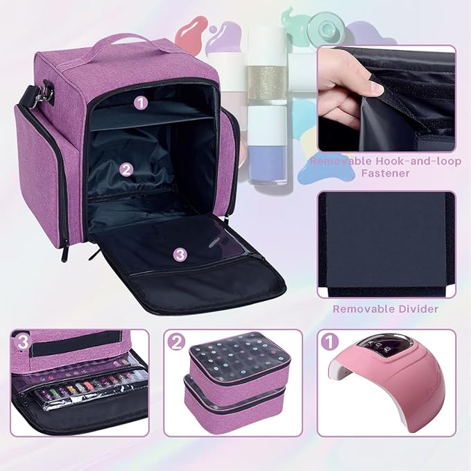 Nail Polish Organizer Holds 60 Bottles and a Nail Lamp,Portable Travel Case with 2 Removable Bags and Tools Storage Pockets Purple