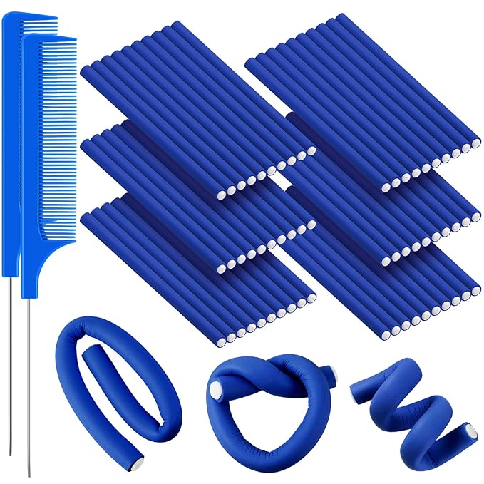 WILLBOND 60 Pieces Flexible Curling Rods Hair Curlers Rollers Twist Flexi No Heat Rods Rollers for Long Short Hair Women(0.3 x 7 Inch,Navy Blue)