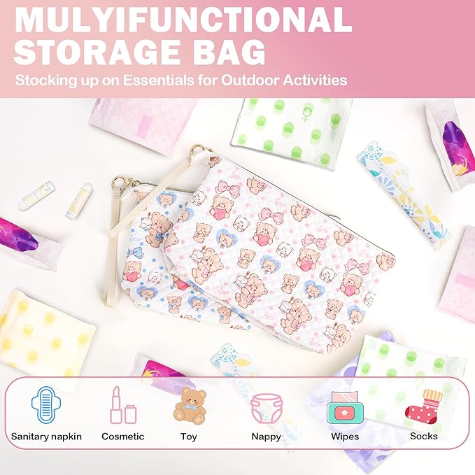 Period Bag for Teen Girls, Quilted Sanitary Napkin Storage Bag, Cute Bears Menstrual Pad Pouch Tampon Holder (Large-Pink)