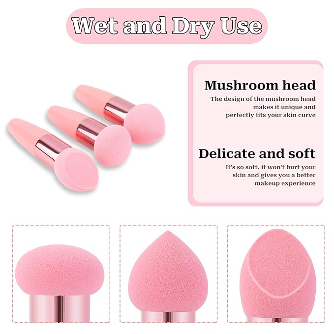 3Pcs Makeup Sponge Facial Foundation Sponge Professional Makeup Sponge with Handle Dry & Wet Use Makeup Sponges for Foundation