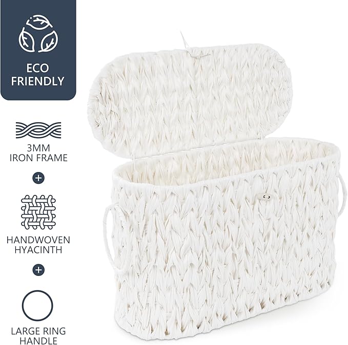Toilet Paper Basket,Wicker Toilet Paper Storage with Lid,Decorative Boho Wicker Basket for Bathroom,Free Standing-Cream White