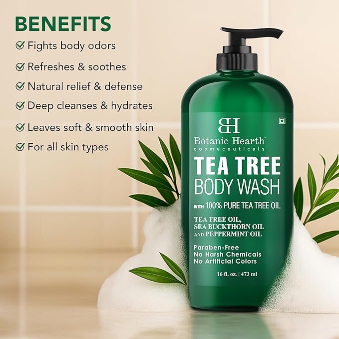 Botanic Hearth Tea Tree Body Wash -16 fl oz- All-Natural Antifungal & Odor-Control Shower Gel for Acne, Athlete’s Foot, Ringworm, Jock Itch & Healthy Skin,Sulfate & Paraben Free, for Men and Women