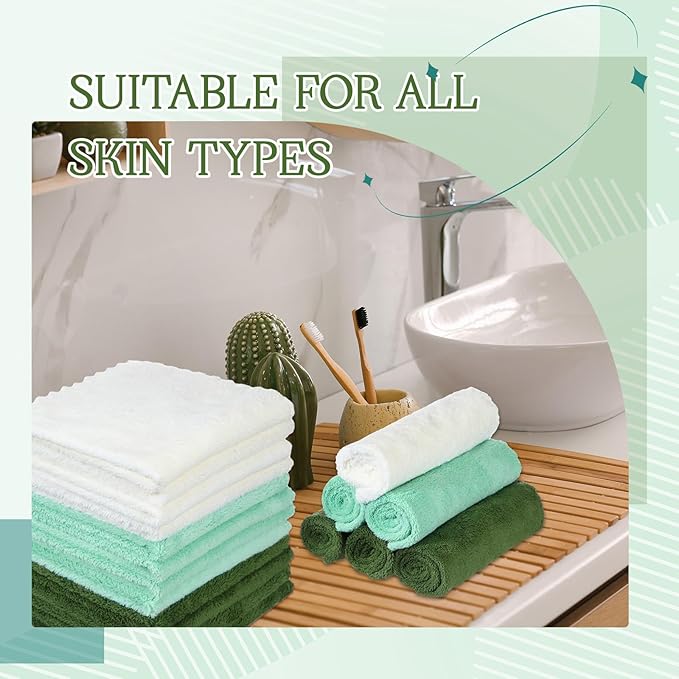 Syhood 12 Pieces Face Wash Cloth 12 x 12 in Makeup Remover Cloths Towel Coral Velvet Facial Microfiber Soft Fast Drying Facial Cleansing Towel for Face (Green Series)