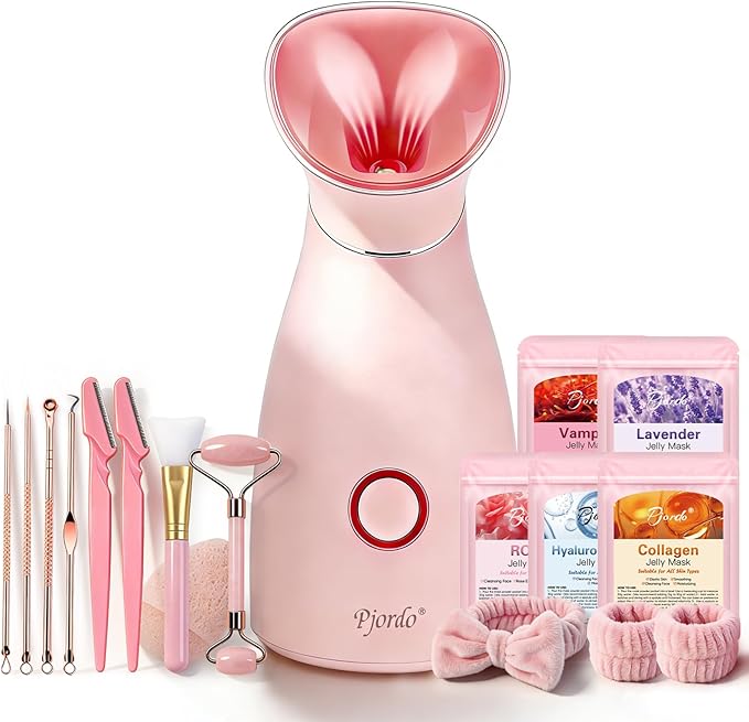 Facial Steamer Spa Kit, 12 Skin Care Tools & 5 Jelly Mask Powder, Nano Ionic Steamer for Facial Deep Cleaning Unclog Pores Sinuses, Warm Mist Humidifier for Home SPA, Self Care Gifts for Women