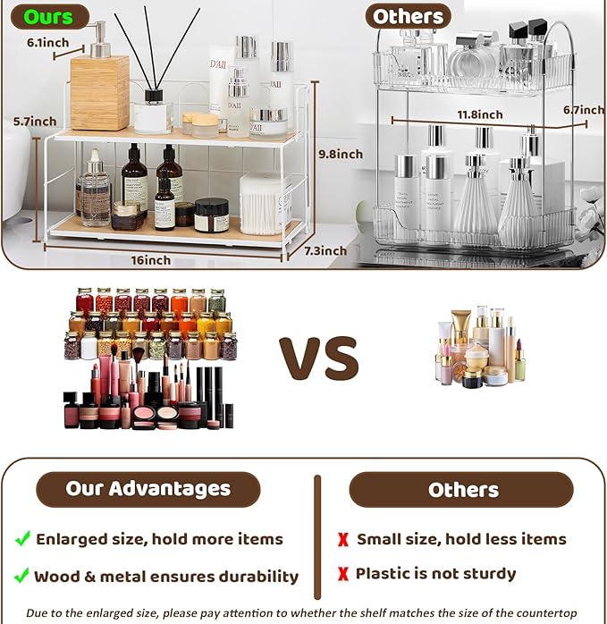 Bathroom Counter Organizer 10s Tool-Free Install, 2 Tier Bathroom Organizers and Storage, Collapsible Bathroom Organizer Countertop, Wood Bathroom Kitchen Countertop Organizer, White
