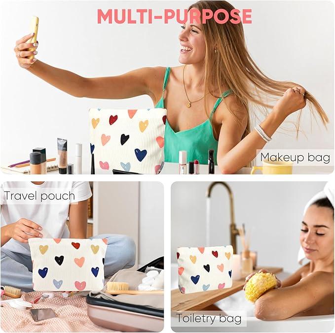 Cute Heart Makeup Pouch for Women Small Make Up Bag for Purse Zipper Initial Makeup Cosmetic Bags Pouches for Purse Aesthetic Travel Toiletry Bags, Colorful Hearts