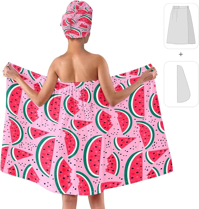 Watermelon Print Bath Wrap and Hair Drying Towel Set – Microfiber Quick Dry Shower Body Wrap for Women, Absorbent Spa Skirt with Elastic Band and Summer Fruit Design(Watermelon 2)
