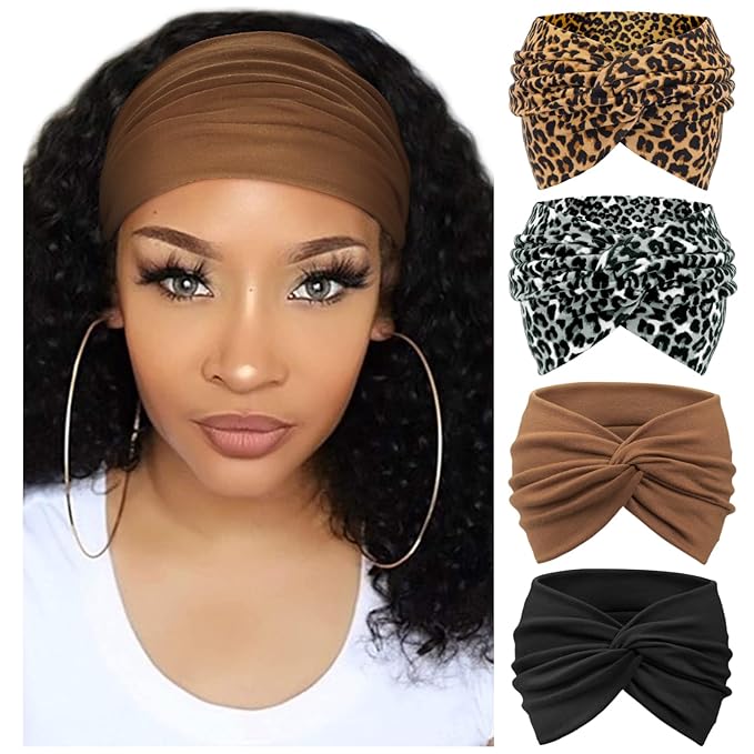 DRESHOW 4 Pack Turban Headbands for Women Wide Vintage Head Wraps Knotted Cute Hair Band Accessories