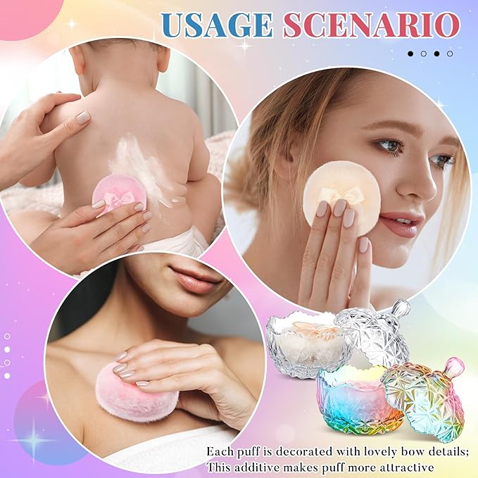 Tioncy 4 Pcs Large Body Powder Puff and Container Extra Large Body Powder Puff Dish Soft Washable Reusable Fluffy Makeup Sponge Wet Dry(Diamond,Colorful and Clear)
