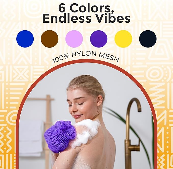 AURAE African Net Sponge – 6-Pack Exfoliating Body Scrubbers, Quick-Drying, Multi-Color