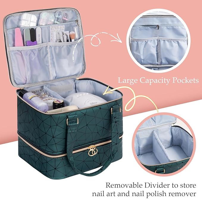 Uross Nail Polish Organizer Bag Holds 42 Bottles Nail Polish & Nail Lamp, Gel Nail Polish Organizers and Storage box for Nail Tech, Nail Kit Supplies Organizer Case - Darkgreen