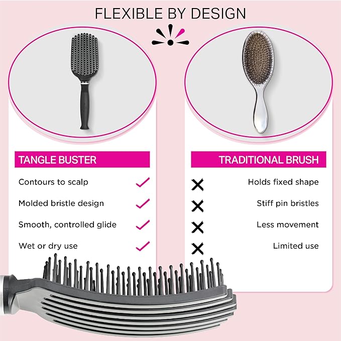 Premium Tangle Buster Brush – Soft Nylon Travel-Friendly Bristles – Long Durable Rubber Handle – Ideal for Wet and Dry Hair & Easy Grooming, Black Color