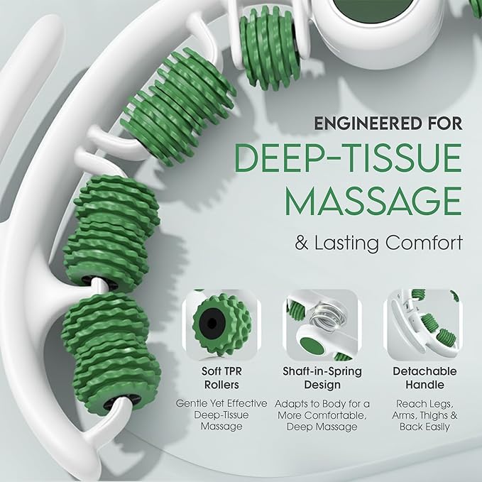 Cellulite Massage Roller, Fascia Blaster, Lymphatic Drainage Massager, Relieve Muscle Soreness, Body Sculpting Tool with Detachable Handles for Thighs, Legs, Buttocks, Gift Exfoliating Brush. (Green)