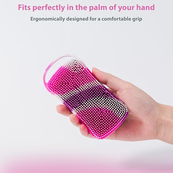 2 PC Silicone Body Scrubber, 2 in 1 Exfoliating Shower Bath Scrubber, Soft Silicone Loofah for Sensitive Skin, Shower Hair Scalp Massager, Easy to Clean, Lather Well (Purple & Yellow)