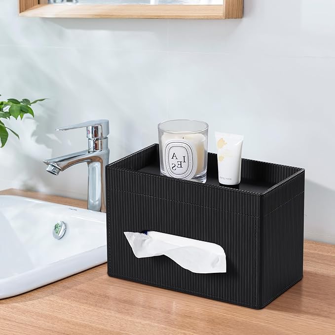 Tissue Box Cover Rectangle with Storage Tray, PU Leather Tissue Holder for Bathroom Vanity Countertop Night Stands Bedroom Office Desk, Stylish Rectangular Tissue Box Holder (Black)