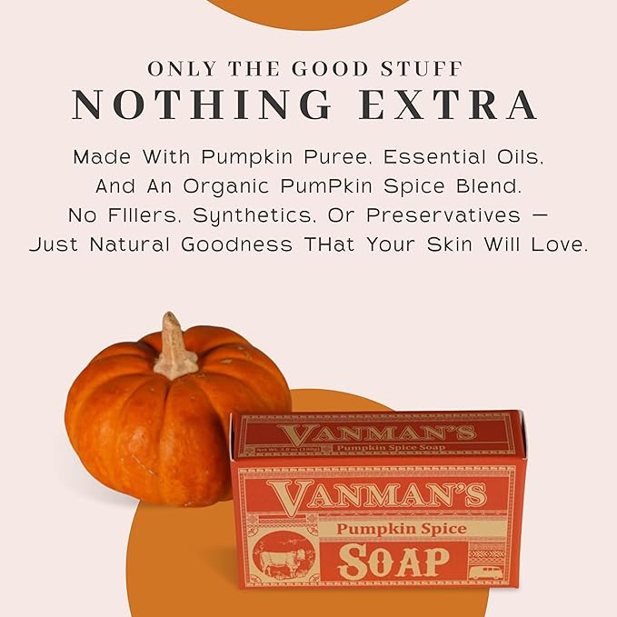 VanMan Pumpkin Spice Body Soap - Grass Fed Finished Suet Beef Tallow & Pumpkin Puree - Nourishing, Hydrating & Moisturizing Natural Bar Soap with Essential Oils - Autumn Scent - 3.8 oz Bar (3 Pack)