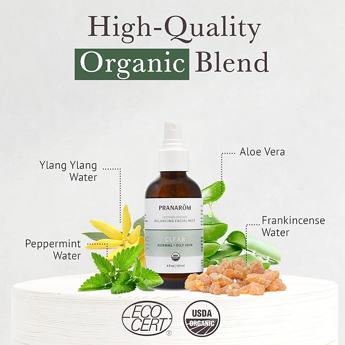 Pranarom Facial Mist (4oz / 120ml) - 100% Pure & Natural Essential Oil Facial Mist for Dry Skin Hydration & Toning (Clear (Oily Skin))