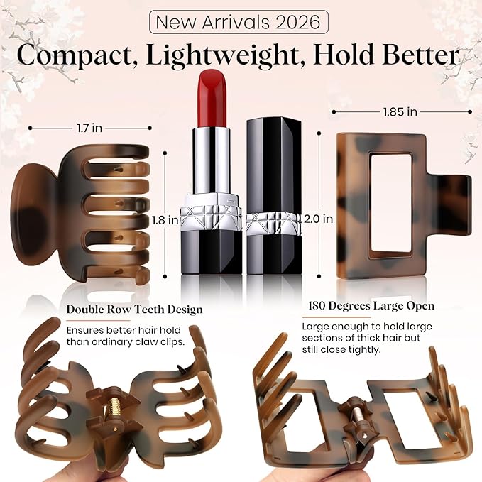 8 PCS Medium Hair Clips for Women Girls - 2 Styles Rectangle Small Claw Clips for Thin Thick Curly Hair, Stylish Matte Non-slip Strong Hold Jaw Clips Square Hair Accessories, Tortoise & Black