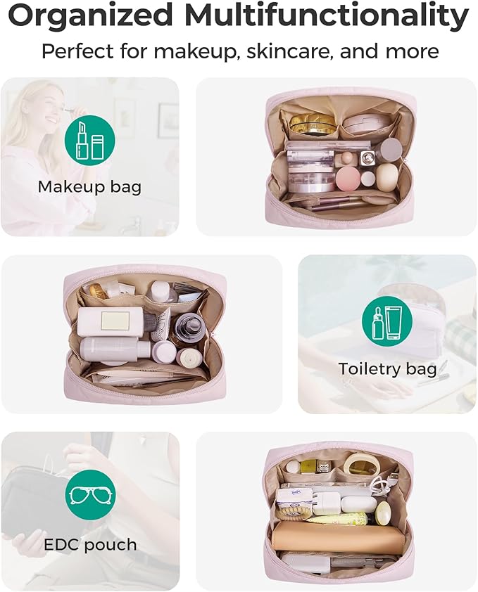 BAGSMART Makeup Bag, Wide Opening Cosmetic Bag Compact & Spacious, Water-Resistant Travel Organizer Pouches for Women (Khaki Checkered)