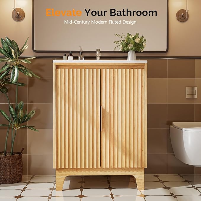 VINGLI 24 Inch Bathroom Vanity with Sink, Mid Century Modern Fluted Vanity Cabinet with Ceramic Basin, Small Free Standing Combo for Powder Room, Soft Close Doors, Natural Oak