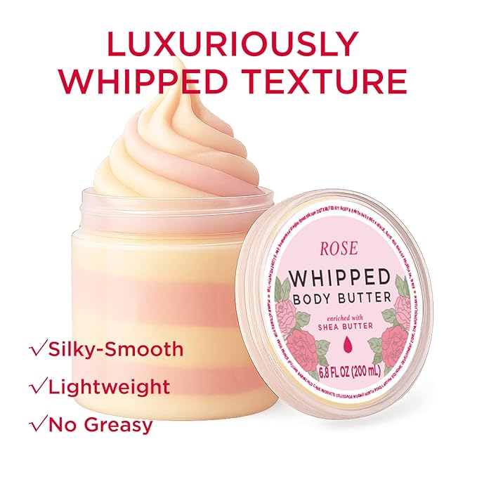 Princess Belle Rose Whipped Shea Body Butter, Body Moisturizer for Dry Skin, Mens and Womens Body Care, Leaves Skin Feeling Moisturized and Soft-200ml(6.8 floz)