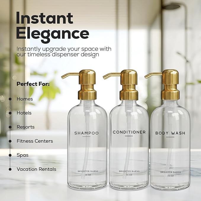 Luxury Shampoo and Conditioner Dispenser Set by Brighter Barns - Shampoo Conditioner Body Wash Dispenser - Refillable Plastic Shower Bottles for Gold Bathroom Decor, Airbnb, Spa, Hotel (Clear/Gold)