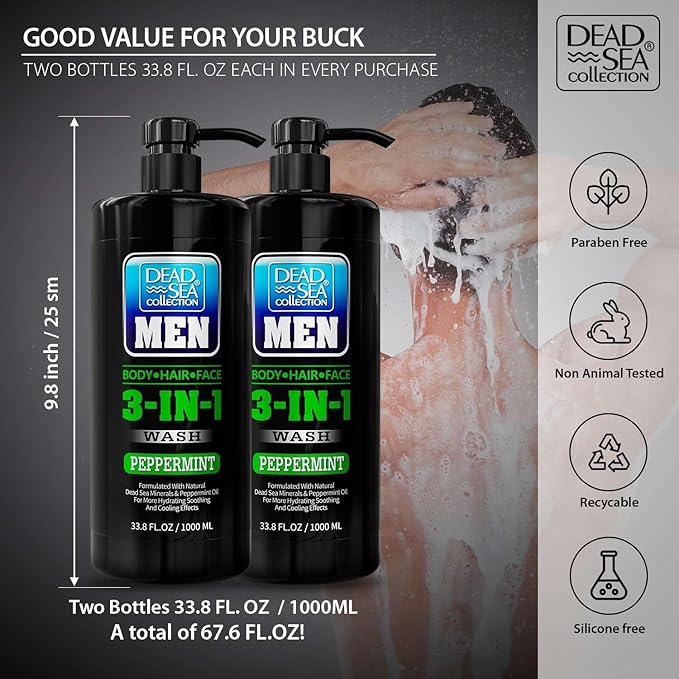 Dead Sea Collection Peppermint Men’s Body Wash – 3 in 1 Body Wash for Men for Hair, Face & Body – Moisturizing Shower Gel with Dead Sea Minerals – Pack of 2 (33.8 fl oz each)